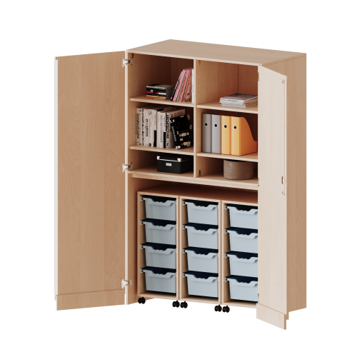 Garagenschrank ohne Sockel, 5 Ordnerhöhen - Serie evo180 B/H/T: 120x190x60 cm, 3 Container mit je 4 hohen ErgoTray Boxen