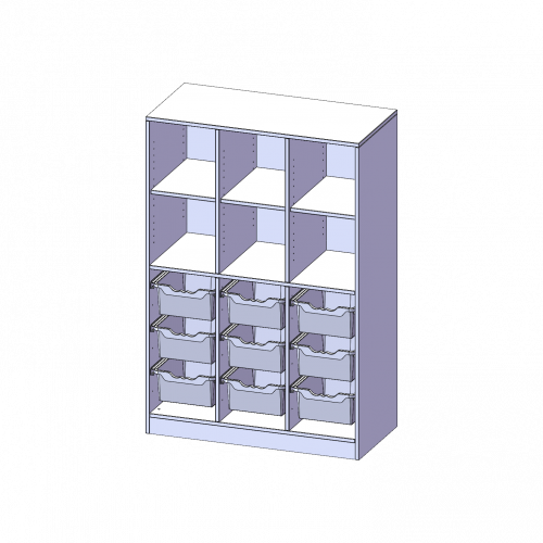 ErgoTray Regal, dreireihig, 4 Ordnerhöhen - evo180 Serie B/H/T: 104,5x154x50 cm, mit Sockel (81 mm), unten 9 hohe, oben 6 Fächer