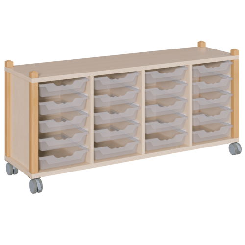 fahrbares Regal in Stollenbauweise B/H/T: 143,3x62,5x40 cm, in 4 Reihen 20 flache ErgoTray-Boxen