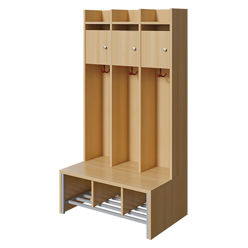 Spindgarderobe, kleine Tür B/H/T: 83x160x55 cm, 3 Plätze, Türen links, Bank aus feuerhemmendem Material, Schuhrost, 3fach-Haken