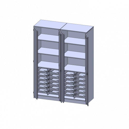 ErgoTray Schrank, zweiteilig, vierreihig, 5 Ordnerhöhen - evo180 Serie B/H/T: 140,6x190x50 cm, viertürig, zweiteilig, mit Sockel (81 mm), mit Mittelwand, mit 24 flachen ErgoTray Boxen