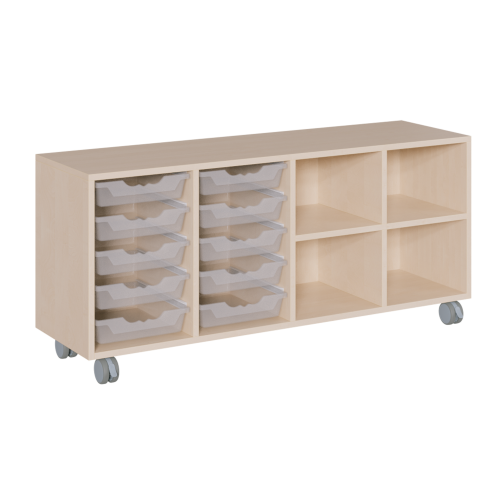 fahrbares Regal in Korpusbauweise B/H/T: 139x62,5x40 cm, in 4 Reihen 10 flache ErgoTray-Boxen und 4 Fächer