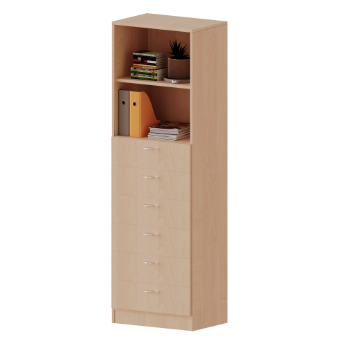 Schubladen - Kombischrank, 5 Ordnerhöhen - Serie evo180 B/H/T: 60x190x50 cm, 6 Schubladen unten, oben 2 offene Fächer, mit Sockel (81 mm)