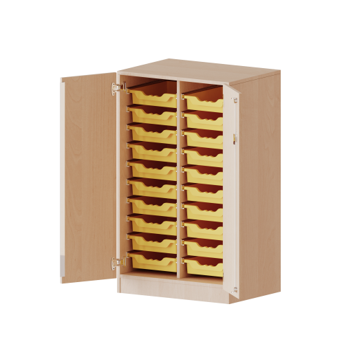 ErgoTray Schrank, zweireihig, 3 Ordnerhöhen - evo180 Serie B/H/T: 70,3x118x50 cm, zweitürig, fahrbar, mit 20 flachen ErgoTray Boxen