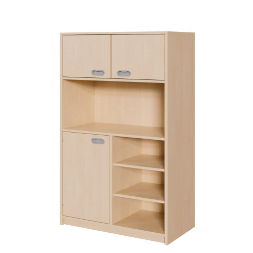 Korpus-Schrank, unten Tür und Regal, oben Doppeltüren B/H/T: 102x180x40 cm, unten links Tür, rechts Regal unten insgesamt 6 Fächer, Mitte offenes Fach, oben Doppeltür mit Mittelwand, 4 Fächer