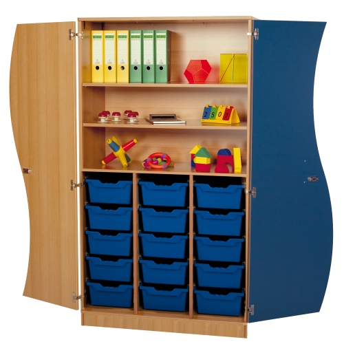 Hochschrank mit Wellentüren, 15 hohe ErgoTray Boxen & 2 Einlegeböden B/H/T: 104,5x190x50 cm, Türen Farbe Grün