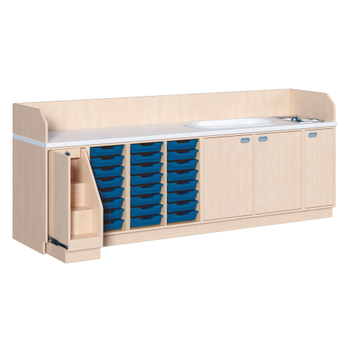 Wickelkommode, vierreihig zuzüglich Badewanne und Waschbecken B/H/T: 285x113x71,5 cm, Ausziehbarer Aufstieg links, 24 Boxen und Badewanne, Waschbecken rechts