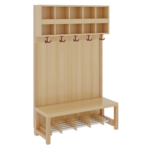 Komplettgarderobe mit doppelter Ablagereihe B/H/T: 100x158x39 cm, 5 Plätze, Sitzhöhe 34 cm, Stütze mit Paneelrückwand, Schuhrost aus Aluminiumrohren mit Trennungen