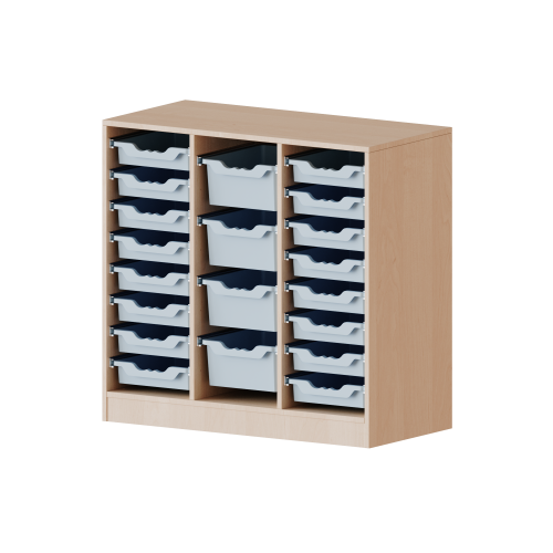 ErgoTray Regal, dreireihig, 2,5 Ordnerhöhen - evo180 Serie B/H/T: 104,5x100x40 cm, mit Möbelstellfüßen, rechts und links je 8 flache, in der Mitte 4 hohe ErgoTray Boxen