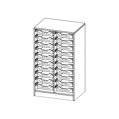 ErgoTray Regal, zweireihig, 3 Ordnerhöhen - evo180 Serie B/H/T: 70,3x118x50 cm, mit Sockel (81 mm), 20 flache ErgoTray Boxen