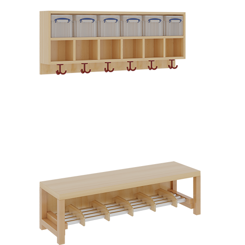 Komplettgarderobe mit doppelter Ablagereihe inklusive Boxen B/T: 120x35 cm, 6 Plätze, Sitzhöhe 34 cm, 2teilig ohne Stütze, Ablage zur Wandmontage, Alurohr-Schuhrost mit Trennungen