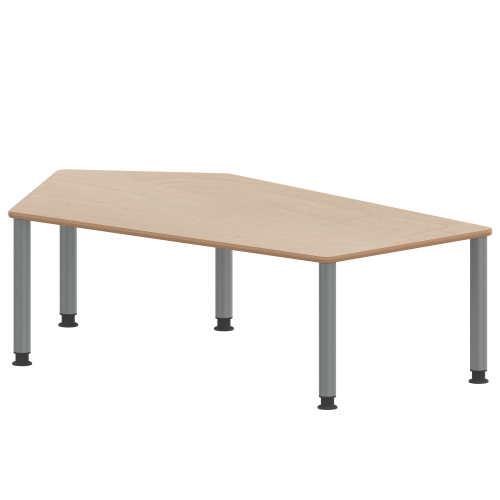 Tisch ZALOTTI mit Schichtstoff-Belag Fünfecktisch-groß, B/H/T: 185x41x104 cm, Stahlrohrbeine Ø 60 mm, Fußvariante: höhenverstellbar (41/55 cm), Tischbeine mit RAL-Farbe 9006 (weißaluminium)