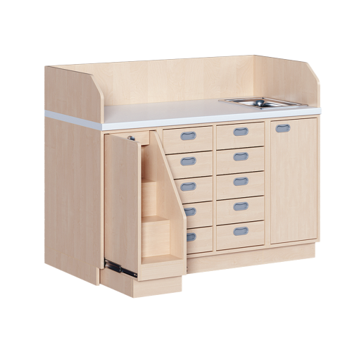 Wickelkommode, dreireihig zuzüglich Waschbecken B/H/T: 143x113x71,5 cm, Ausziehbarer Aufstieg links, 10 Schübe und Waschbecken rechts