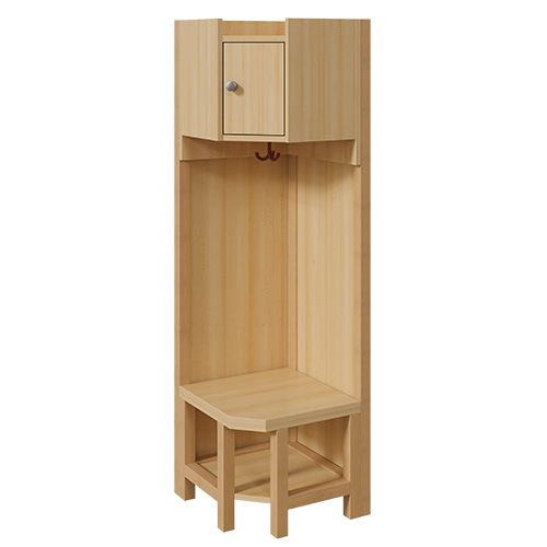 Garderoben-Innenecke mit Ablage und Tür B/H/T: 47x158x47 cm, Sitzhöhe: 26 cm, Stützen über Eck mit Paneelrückwänden, Schuhablage