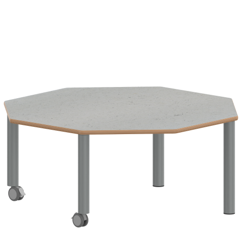 Tisch ZALOTTI mit Linoleum-Belag Achtecktisch, B/H/T: 120x25x120 cm, Stahlrohrbeine Ø 60 mm, Fußvariante: fahrbar, Tischbeine mit RAL-Farbe 9006 (weißaluminium)
