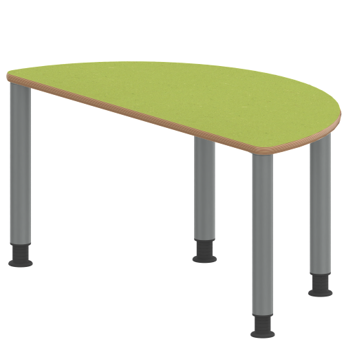 Tisch ZALOTTI mit Linoleum-Belag Halbrundtisch, B/H/T: 120x46x60 cm, Stahlrohrbeine Ø 60 mm, Fußvariante: höhenverstellbar (46/60 cm), Tischbeine mit RAL-Farbe 9006 (weißaluminium)