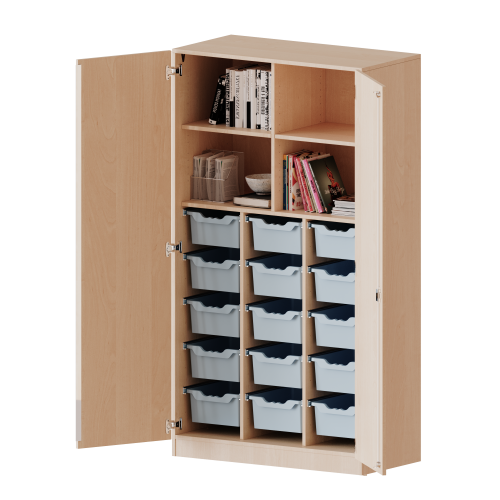 ErgoTray Schrank, dreireihig, 5 Ordnerhöhen - evo180 Serie B/H/T: 104,5x190x50 cm, zweitürig, mit Sockel (81 mm), mit Mittelwand, mit 15 hohen ErgoTray Boxen