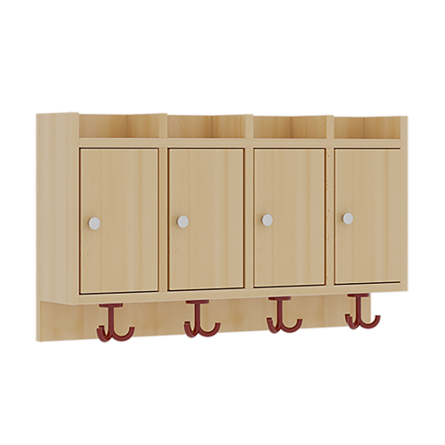 Garderobenablage mit Türen B/H/T: 80x46x27 cm, aus feuerhemmendem Material, 4 Fächer mit Türen, darunter 3fach-Haken, oben offene Unterteilungen