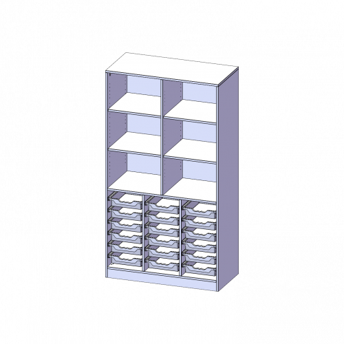 ErgoTray Regal, dreireihig, 5 Ordnerhöhen - evo180 Serie B/H/T: 104,5x190x50 cm, mit Sockel (81 mm), unten 18 flache ErgoTray Boxen, oben 4 Einlegeböden