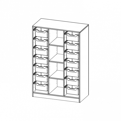 ErgoTray Regal, dreireihig, 4 Ordnerhöhen - evo180 Serie B/H/T: 104,5x154x50 cm, mit Sockel (81 mm), rechts und links je 7 hohe ErgoTray Boxen, 4 Fächer in der Mitte