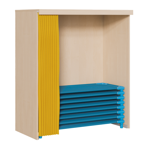 Regal für Stapelliegen B/H/T: 150x180x60/65 cm, für max. 20 Liegen - 140 cm lang, komplett mit Vorhang und Vorhangeinrichtung