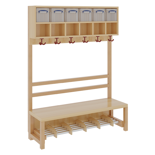 Komplettgarderobe mit doppelter Ablagereihe inklusive Boxen B/H/T: 120x158x39 cm, 6 Plätze, Sitzhöhe 26 cm, offene Stütze, Schuhrost aus Aluminiumrohren mit Trennungen