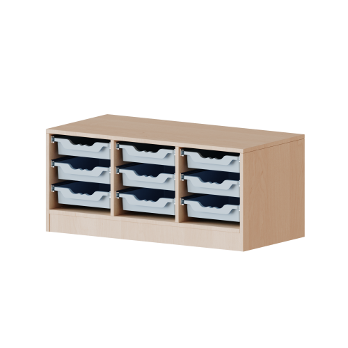 ErgoTray Regal, dreireihig, 1 Ordnerhöhe - evo180 Serie B/H/T: 104,5x46x40 cm, fahrbar, 9 flache ErgoTray Boxen