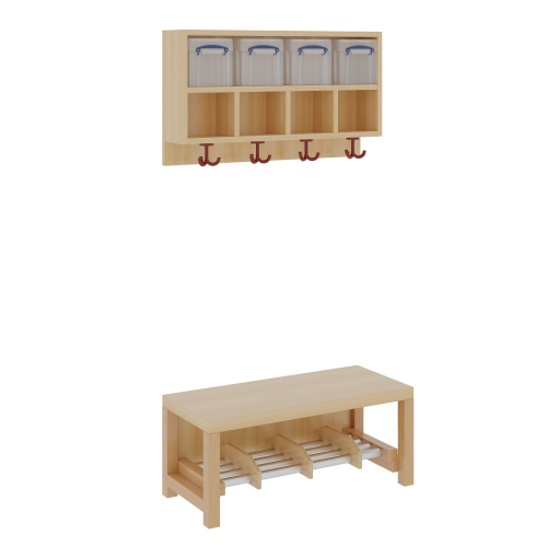 Komplettgarderobe mit doppelter Ablagereihe inklusive Boxen B/T: 80x35 cm, 4 Plätze, Sitzhöhe 34 cm, 2teilig ohne Stütze, Ablage zur Wandmontage, Alurohr-Schuhrost mit Trennungen