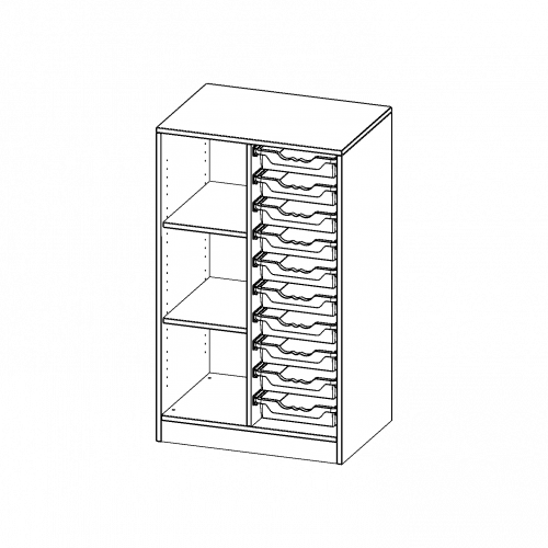 ErgoTray Regal, zweireihig, 3 Ordnerhöhen - evo180 Serie B/H/T: 70,3x118x50 cm, mit Sockel (81 mm), links 3 Fächer, rechts 10 flache ErgoTray Boxen