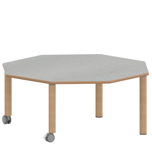 Tisch ZALOTTI mit Linoleum-Belag Achtecktisch, B/H/T: 120x41x120 cm, Massivholzbeine Ø 60 mm, Fußvariante: fahrbar