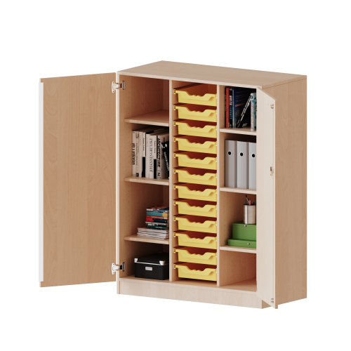 ErgoTray Schrank, dreireihig, 3,5 Ordnerhöhen - evo180 Serie B/H/T: 104,5x136x50 cm, zweitürig, mit Sockel (81 mm), mit 12 flachen ErgoTray Boxen