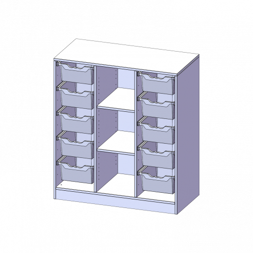 ErgoTray Regal, dreireihig, 3 Ordnerhöhen - evo180 Serie B/H/T: 104,5x118x50 cm, mit Sockel (81 mm), rechts und links je 5 hohe ErgoTray Boxen, 3 Fächer in der Mitte