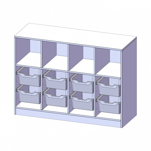 ErgoTray Regal, vierreihig, 2,5 Ordnerhöhen - evo180 Serie B/H/T: 138,7x100x50 cm, mit Sockel (81 mm), oben 4 Fächer, unten 8 hohe ErgoTray Boxen