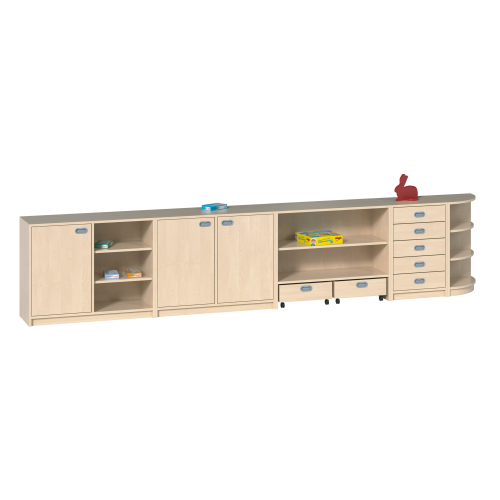 Fertigregalsystem in Korpusbauweise "Colin" B/H/T: 398x80x40 cm, Regalsystem mit Rollkästen, Dekorschüben und Viertelkreisregal