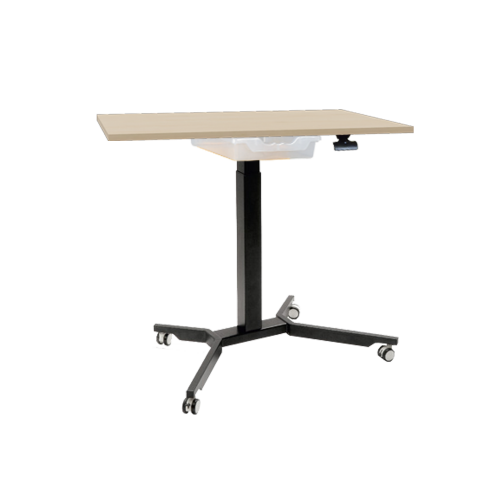 Sitz- / Stehtisch mit Schublade und Vollkernplatte B/H/T: 90x70-111x70 cm, fahrbarer und höhenverstellbarer Rechtecktisch