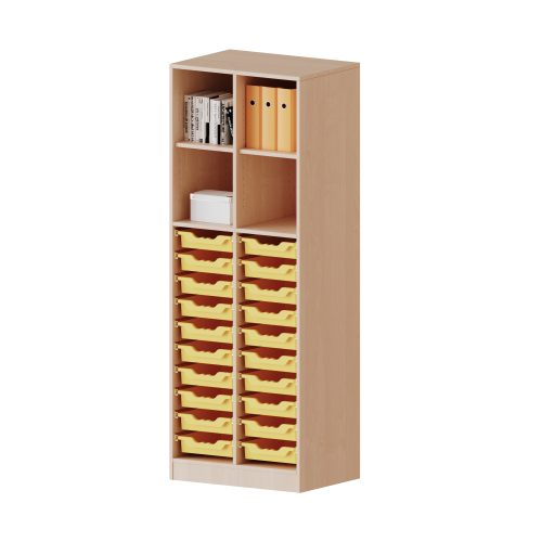 ErgoTray Regal, zweireihig, 5 Ordnerhöhen - evo180 Serie B/H/T: 70,3x190x40 cm, mit Sockel (81 mm) und Mittelwand, unten 20 flache ErgoTray Boxen, oben 4 Einlegeböden