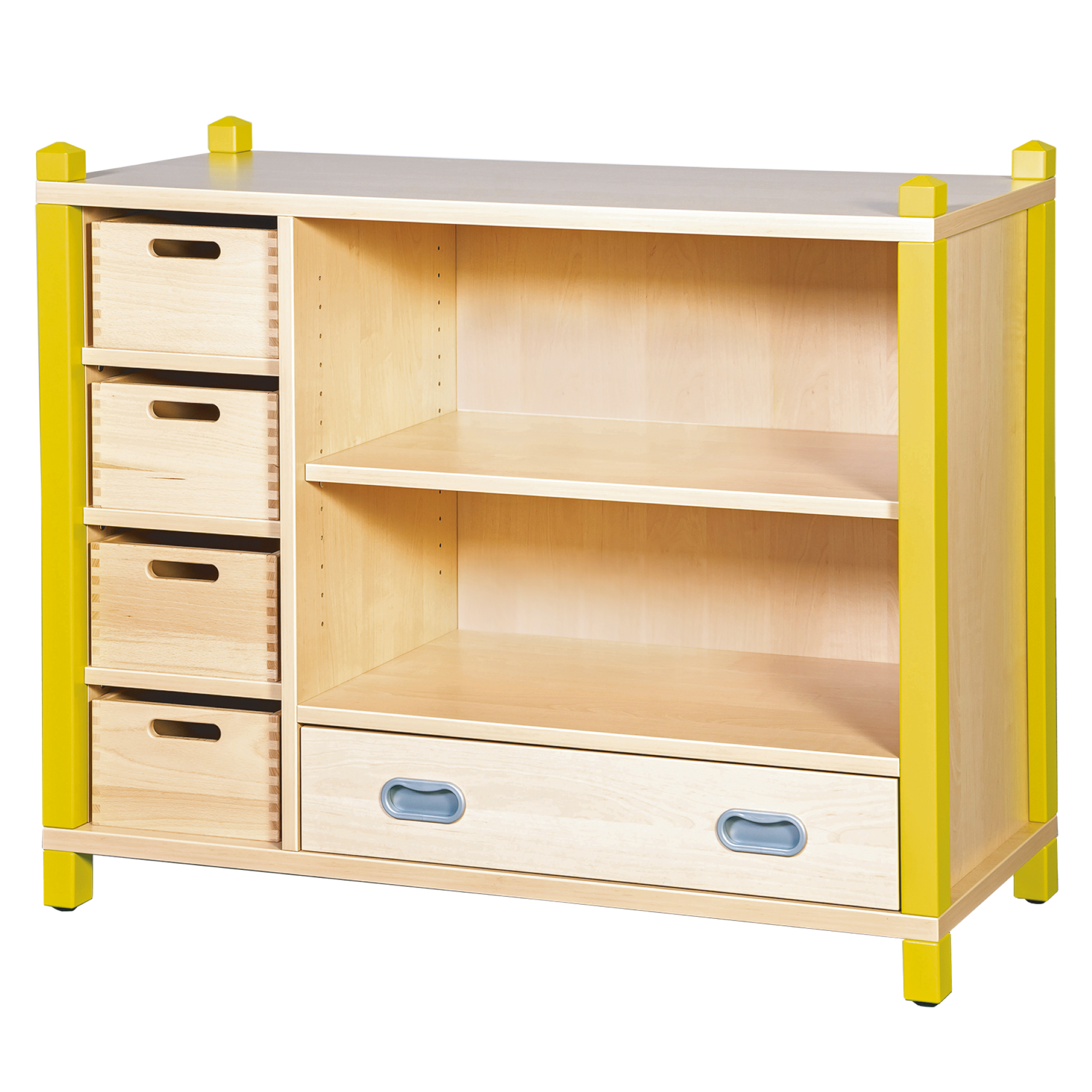 Stollen-Schrank mit 1 Dekorschub, 4 Materialkästen und Regalbereich B/H/T: 106x80x40 cm, 4 Massivholz-Kästen, 1 Schub und 2 Fächern