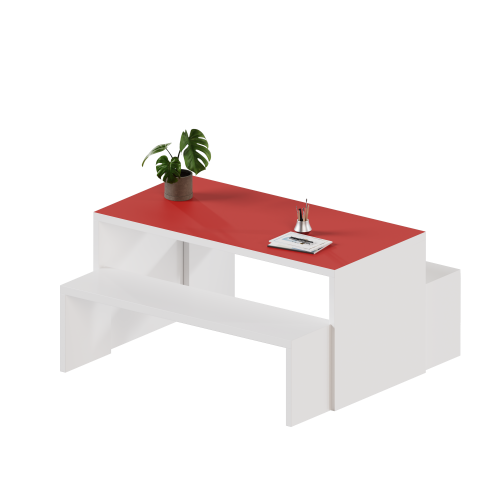 Wangentisch mit 2 Sitzbänken, Set B/H/T: 140x71x70 cm, Bänke B/H/T 130x43x32 cm, Tischplatte und Sitzflächen mit Linoleumbelag