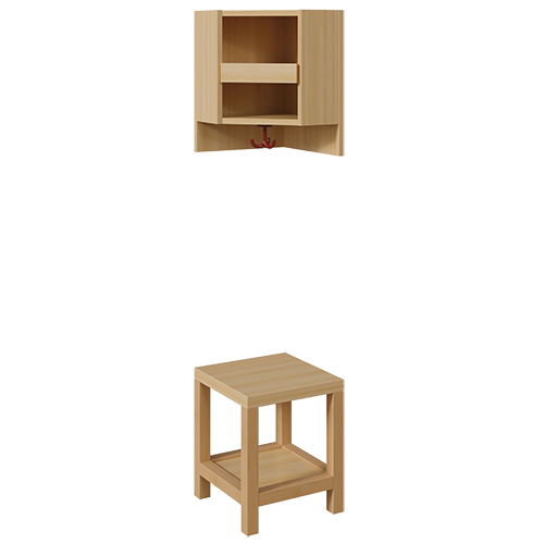 Garderoben-Innenecke, für doppelte Ablage B/T: 35x35 cm, Sitzhöhe: 34 cm, 2teilig ohne Stütze, Ablage zur Wandmontage, unter Bank Schuhablage