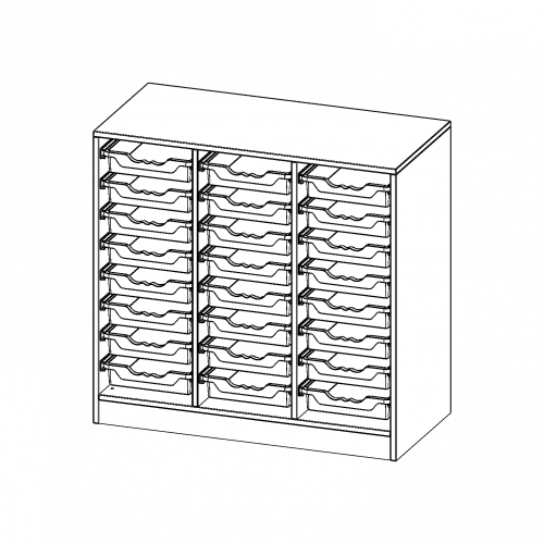 ErgoTray Regal, dreireihig, 2,5 Ordnerhöhen - evo180 Serie B/H/T: 104,5x100x50 cm, mit Sockel (81 mm), 24 flache ErgoTray Boxen
