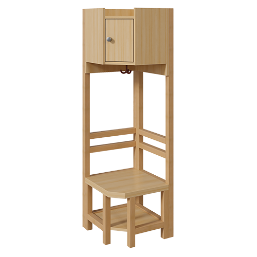 Garderoben-Innenecke mit Ablage und Tür B/H/T: 47x158x47 cm, Sitzhöhe: 34 cm, offene Stützenrahmen über Eck in Buche-massiv, Schuhablage