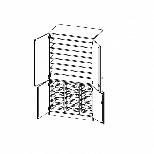 Bastelschrank, 5 Ordnerhöhen - Serie evo180 B/H/T: 104,5x190x60 cm, 4-türiger Schrank mit 18 flachen ErgoTray Boxen, 8 EB, zweiteilig, mit Sockel (81 mm)