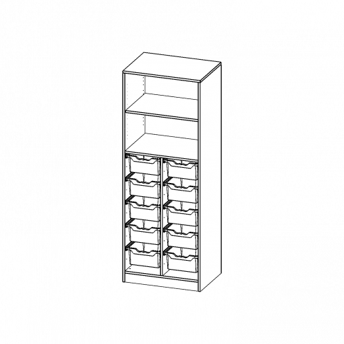 ErgoTray Regal, zweireihig, 5 Ordnerhöhen - evo180 Serie B/H/T: 70,3x190x50 cm, mit Sockel (81 mm), unten 10 hohe ErgoTray Boxen, oben 2 Einlegeböden