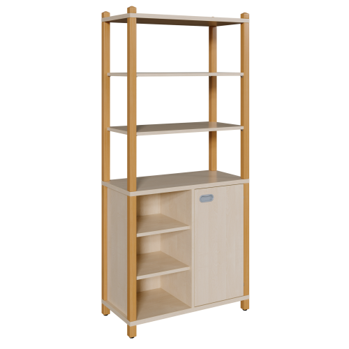 Stollen-Schrank mit einseitiger Tür und 3 offenen Fächern, hoher offener Regalaufsatz B/H/T: 82x180x40 cm, Tür rechts, Regal links, 6 Einlegeböden hoher Regalaufsatz mit 3 Fächern