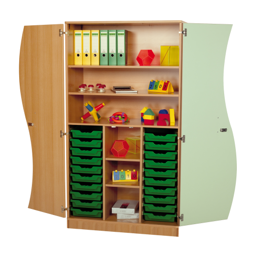 Hochschrank mit Wellentüren, 20 flache ErgoTray Boxen & 4 Einlegeböden B/H/T: 104,5x190x50 cm, Türen Farbe Rot