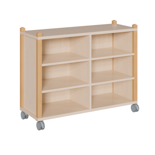 fahrbares Regal in Stollenbauweise B/H/T: 109x82,5x40 cm, Mittelwand außermittig versetzt, 6 Fächer