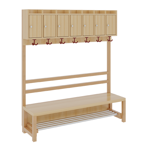 Komplettgarderobe mit Ablagen und Türen B/H/T: 140x158x39 cm, 7 Plätze, Sitzhöhe: 42 cm, offene Stütze in Buche-massiv, mit Schuhrost aus Aluminiumrohren