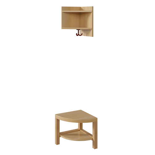 Garderoben-Außenecke, für einfache Ablage B/H/T: 35x130x39 cm, Sitzhöhe 26 cm, zweiteilig als gerundete Bank mit Schuhablage, mit Eckablage, für Garderoben mit Stütze