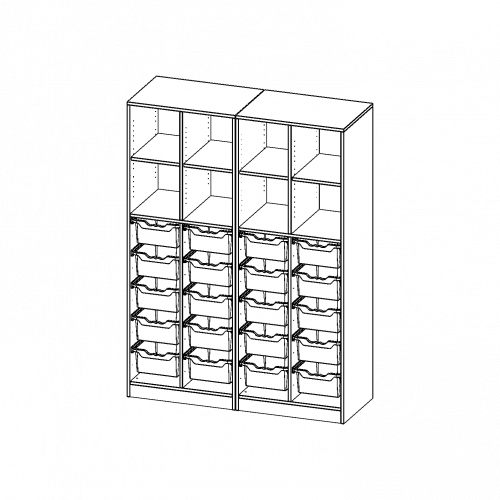 ErgoTray Regal, vierreihig, 5 Ordnerhöhen - evo180 Serie B/H/T: 140,6x190x50 cm, mit Sockel (81 mm), zweiteilig und Mittelwand, unten 20 hohe ErgoTray Boxen, oben 4 Einlegeböden