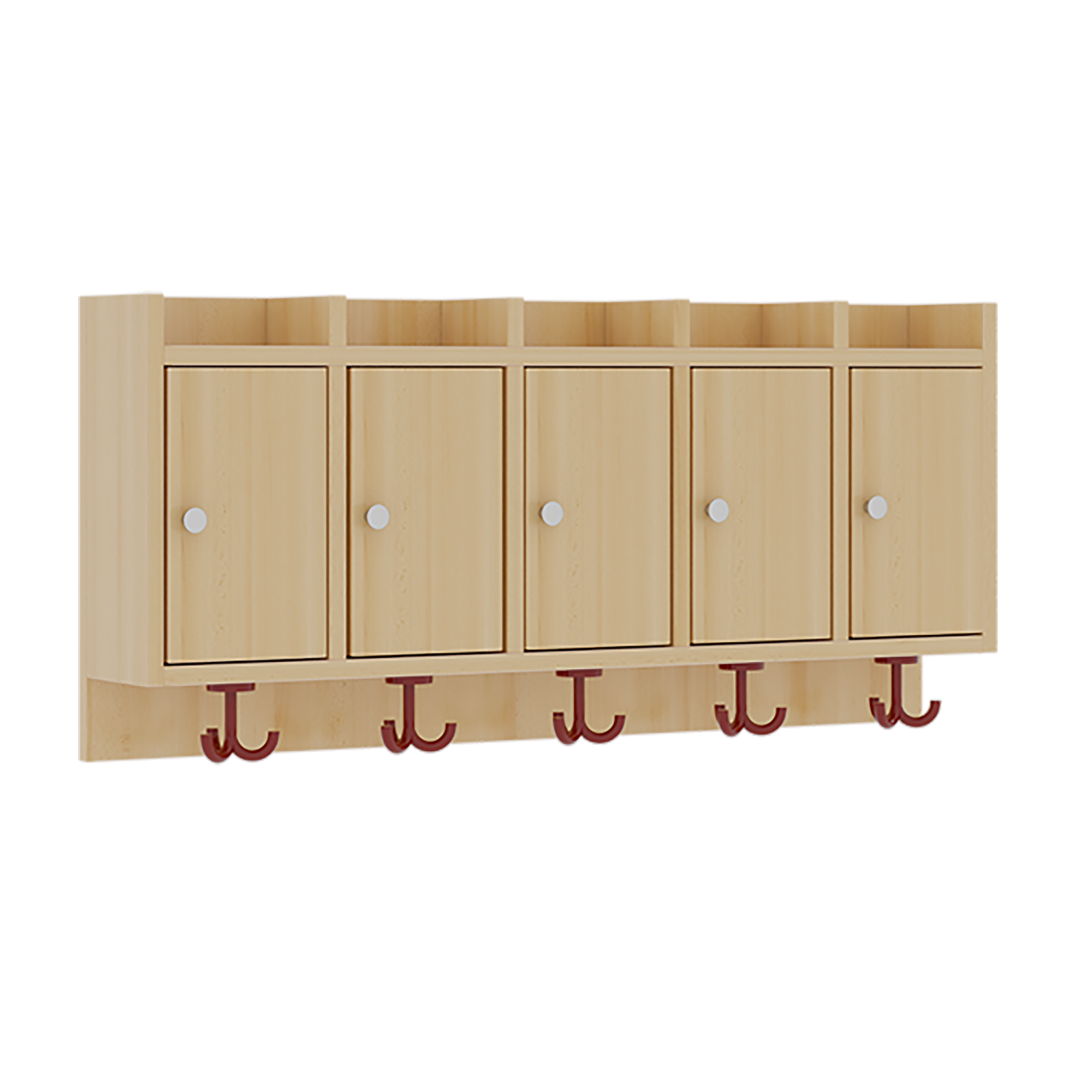Garderobenablage mit Türen B/H/T: 100x46x27 cm, 5 Fächer mit Türen, darunter 3fach-Haken, oben offene Unterteilungen